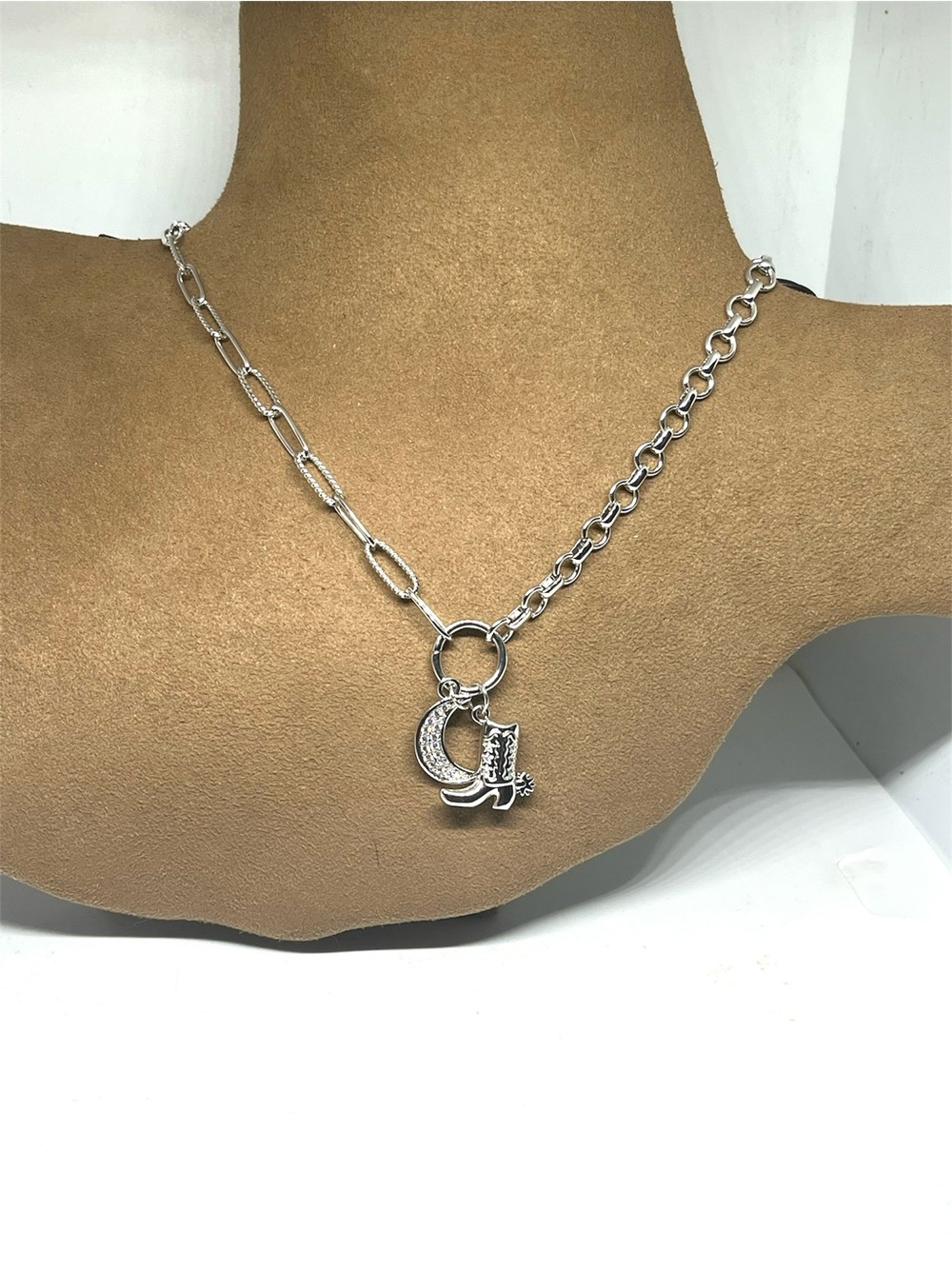 Sterling Forever Kelsea CZ Boot & Moon Charm Necklace